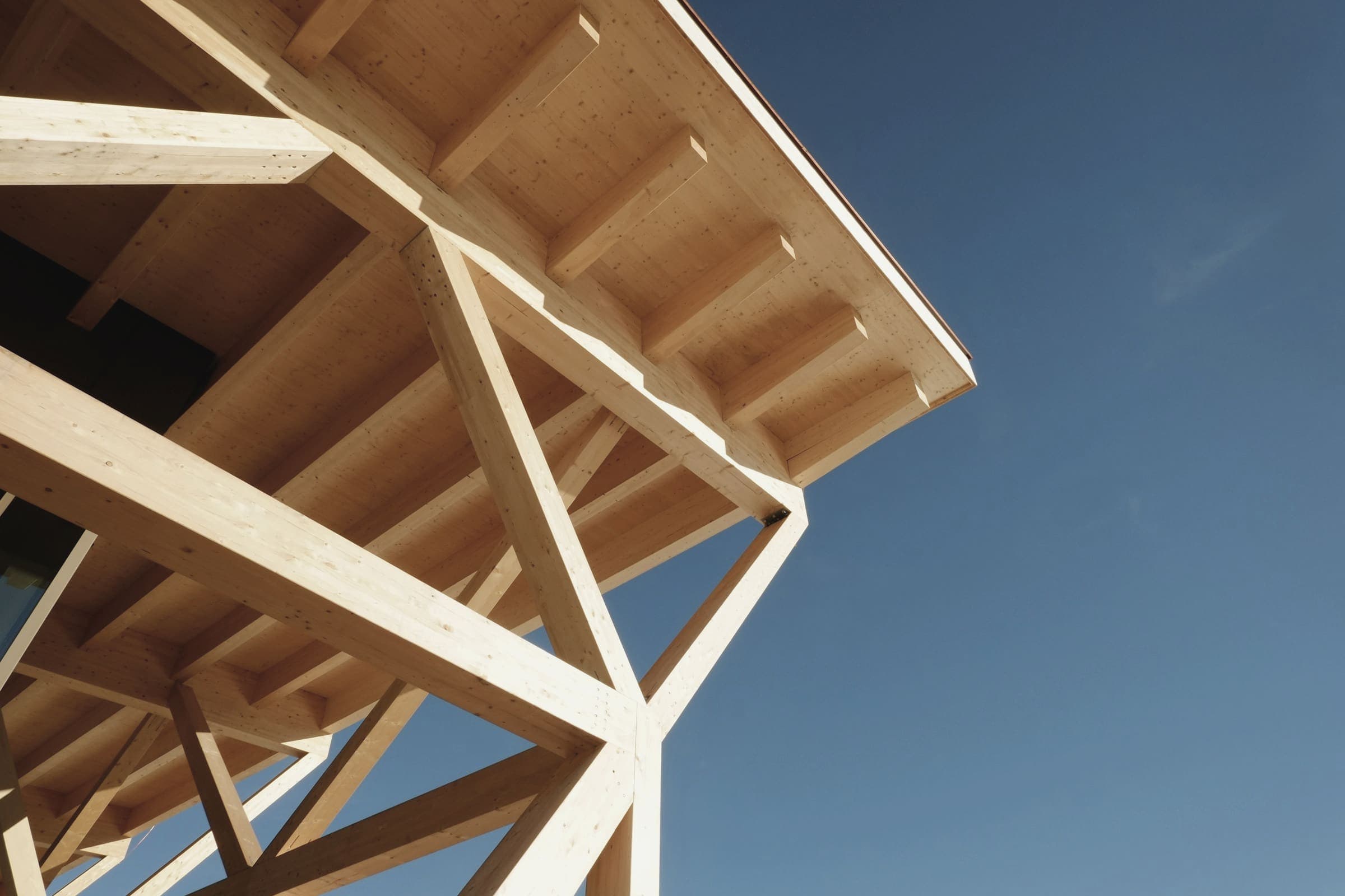 Exposed timber roof framing against a clear blue sky